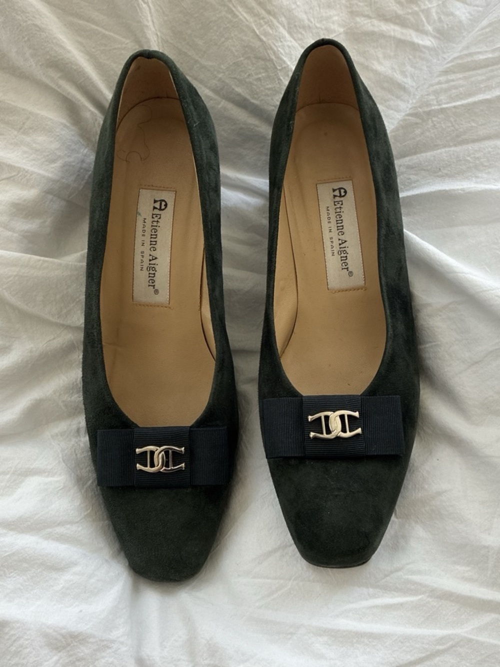 Etienne Aigner Forest Green Suede Bow Pumps with Gold-Tone Logo